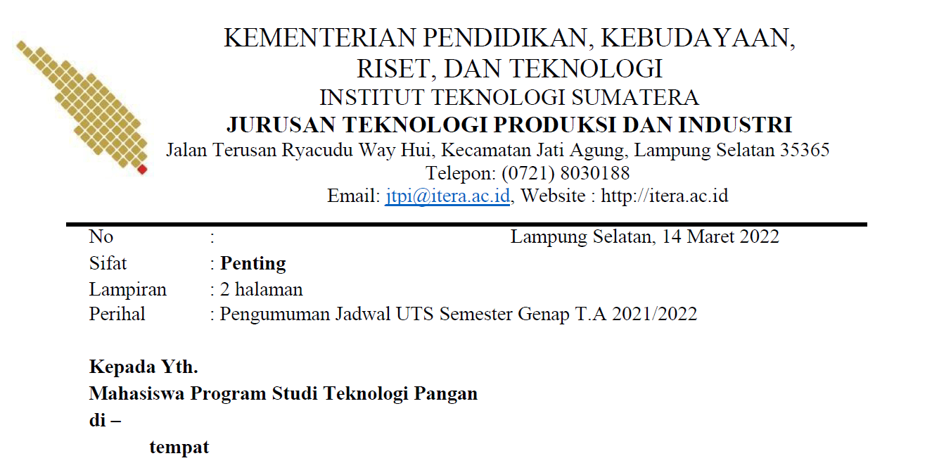 Read more about the article Jadwal UTS Semester Genap Program Studi Teknologi Pangan Tahun 2022